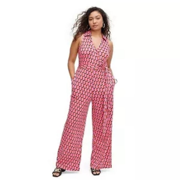 DVF Women's Collared Sleeveless Pink Modern Geo Jumpsuit - Picture 4 of 6